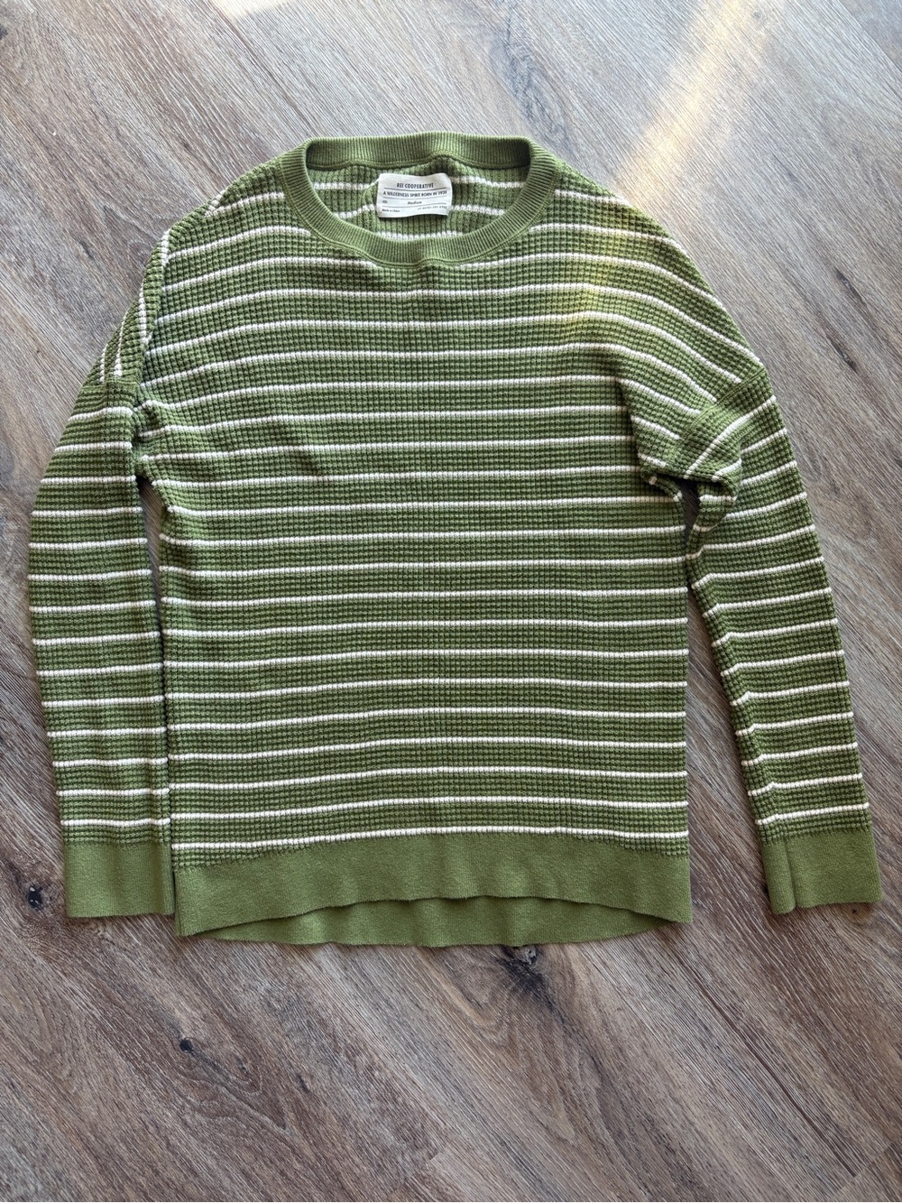 REI Co-Op Walace Lake Waffle Knit Cotton Olive Green Striped Crewneck Sweater M